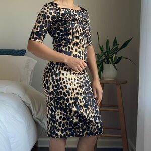St. John Silk Leopard Print Silk Midi Dress 0